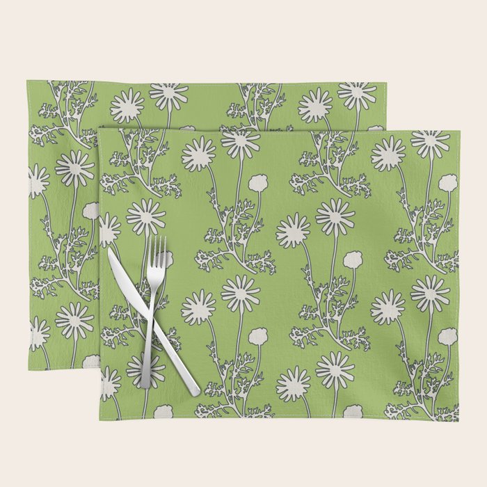 Floral Botanical Wild Daisies Pattern in Spring Sage Green, Navy Blue, and Creamy White Placemat Gallery Image 1