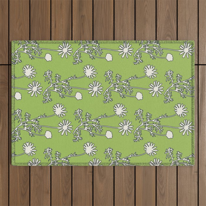 Floral Botanical Wild Daisies Pattern in Spring Sage Green, Navy Blue, and Creamy White Outdoor Rug Gallery Image 1
