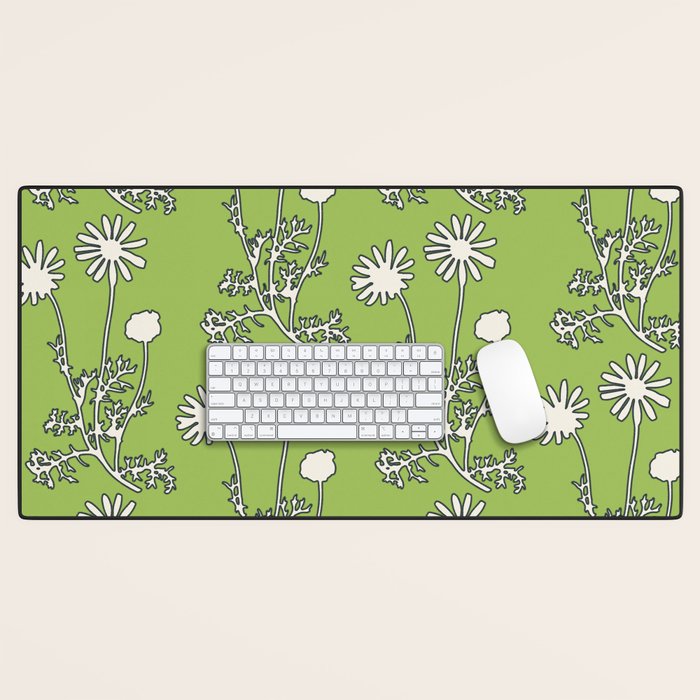 Floral Botanical Wild Daisies Pattern in Spring Sage Green, Navy Blue, and Creamy White Desk Mat Gallery Image 1