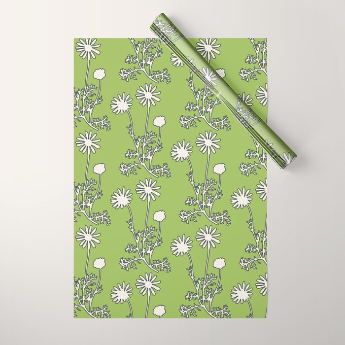 Floral Botanical Wild Daisies Pattern in Spring Sage Green, Navy Blue, and Creamy White Wrapping Paper Gallery Image 1