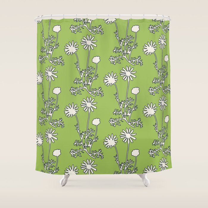 Floral Botanical Wild Daisies Pattern in Spring Sage Green, Navy Blue, and Creamy White Shower Curtain Gallery Image 1