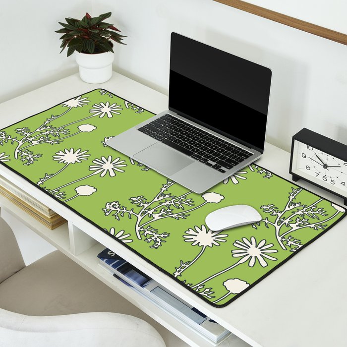 Floral Botanical Wild Daisies Pattern in Spring Sage Green, Navy Blue, and Creamy White Desk Mat Gallery Image 2