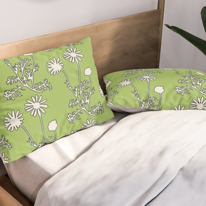 Floral Botanical Wild Daisies Pattern in Spring Sage Green, Navy Blue, and Creamy White Pillow Sham Gallery Image 2