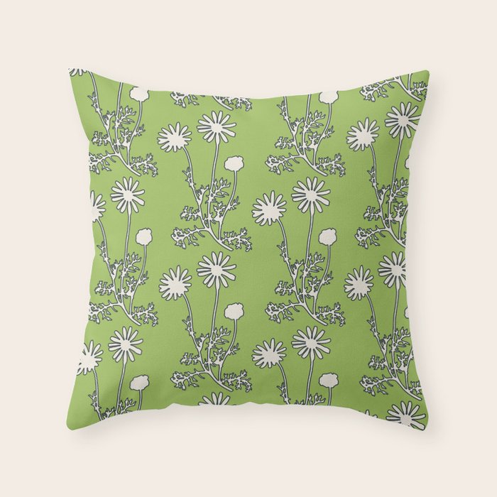 Floral Botanical Wild Daisies Pattern in Spring Sage Green, Navy Blue, and Creamy White Throw Pillow Gallery Image 1
