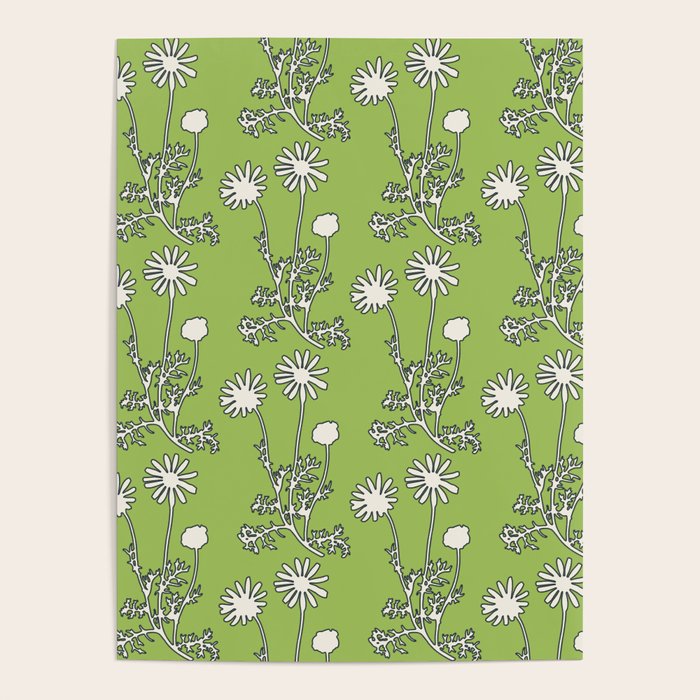 Floral Botanical Wild Daisies Pattern in Spring Sage Green, Navy Blue, and Creamy White Poster Gallery Image 4