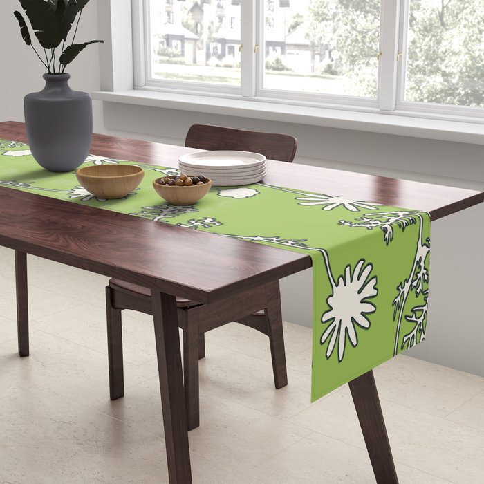 Floral Botanical Wild Daisies Pattern in Spring Sage Green, Navy Blue, and Creamy White Table Runner Gallery Image 2