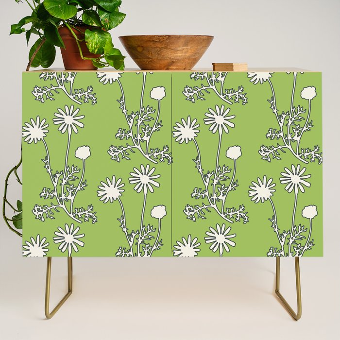 Floral Botanical Wild Daisies Pattern in Spring Sage Green, Navy Blue, and Creamy White Credenza Gallery Image 1