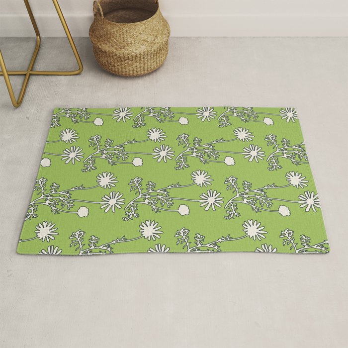 Floral Botanical Wild Daisies Pattern in Spring Sage Green, Navy Blue, and Creamy White Rug Gallery Image 1