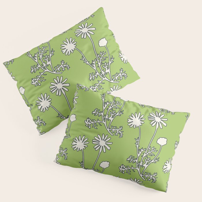 Floral Botanical Wild Daisies Pattern in Spring Sage Green, Navy Blue, and Creamy White Pillow Sham Gallery Image 1