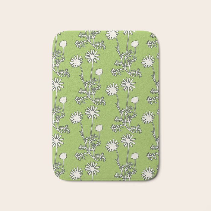Floral Botanical Wild Daisies Pattern in Spring Sage Green, Navy Blue, and Creamy White Bath Mat Gallery Image 1
