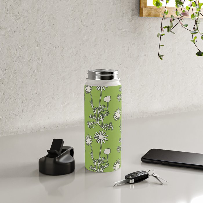 Floral Botanical Wild Daisies Pattern in Spring Sage Green, Navy Blue, and Creamy White Water Bottle Gallery Image 4