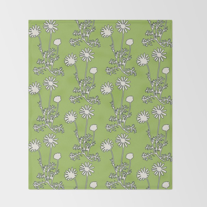 Floral Botanical Wild Daisies Pattern in Spring Sage Green, Navy Blue, and Creamy White Throw Blanket Gallery Image 2