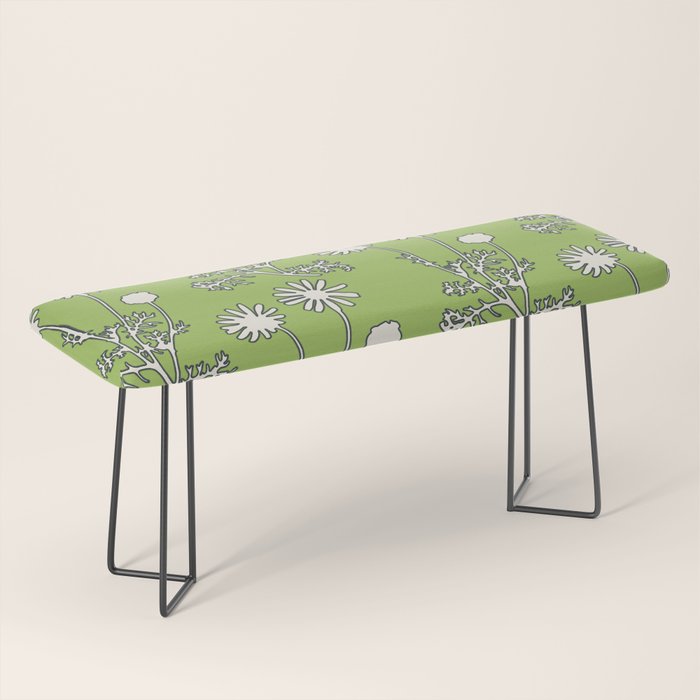 Floral Botanical Wild Daisies Pattern in Spring Sage Green, Navy Blue, and Creamy White Bench Gallery Image 1