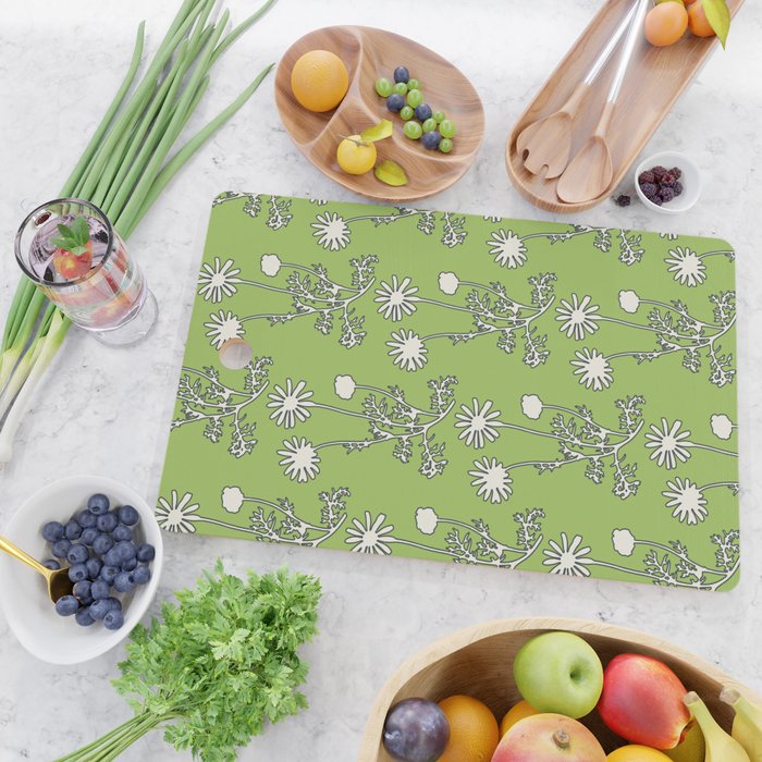 Floral Botanical Wild Daisies Pattern in Spring Sage Green, Navy Blue, and Creamy White Cutting Board Gallery Image 2