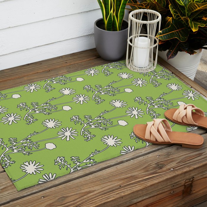 Floral Botanical Wild Daisies Pattern in Spring Sage Green, Navy Blue, and Creamy White Outdoor Rug Gallery Image 2