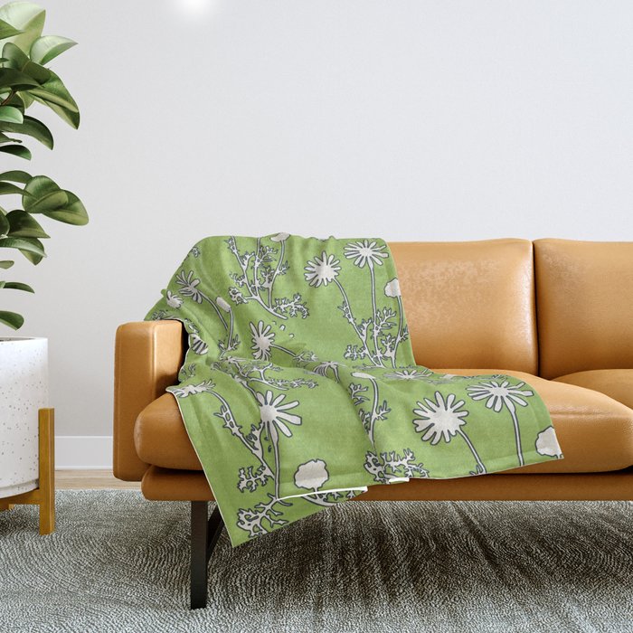 Floral Botanical Wild Daisies Pattern in Spring Sage Green, Navy Blue, and Creamy White Throw Blanket Gallery Image 1