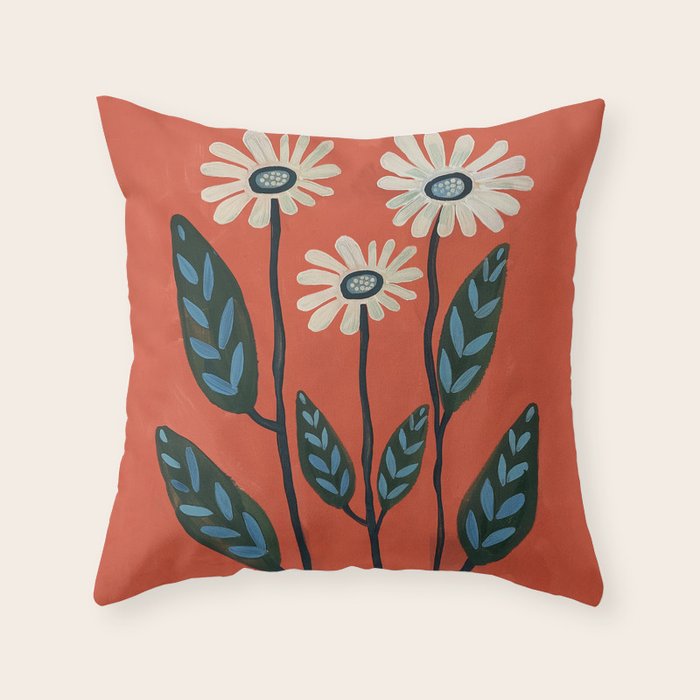 Terracotta Abstract Daisy Flowers Throw Pillow Gallery Image 6