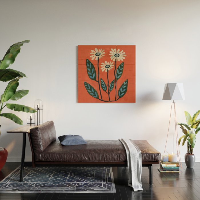 Terracotta Abstract Daisy Flowers Wood Wall Art Gallery Image 2