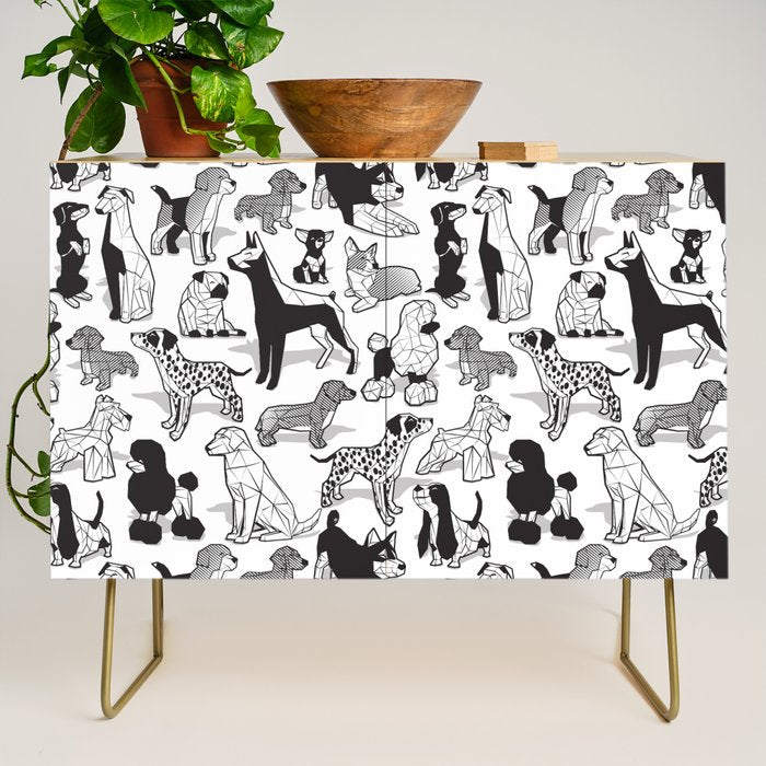 Geometric sweet wet noses // white background black and white dogs Credenza Gallery Image 1