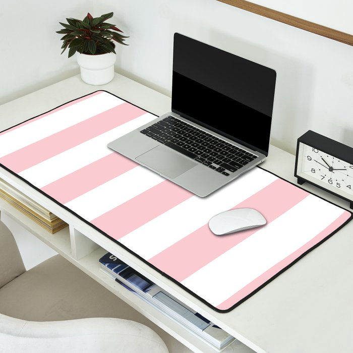 Large White and Light Millennial Pink Pastel Circus Tent Stripe Desk Mat Gallery Image 2