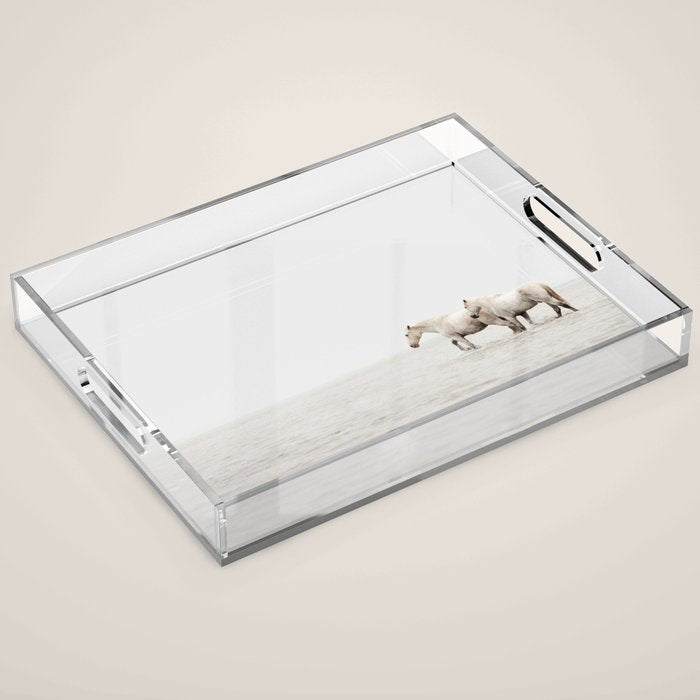 White Camargue Horses - Minimalist Nature Photography Acrylic Tray Gallery Image 1