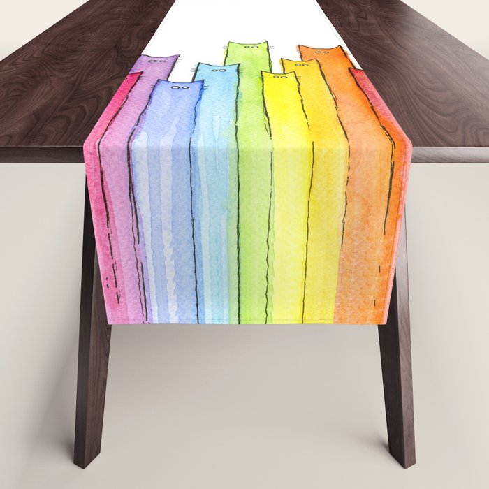 Cat Rainbow Watercolor Pattern Table Runner Gallery Image 1