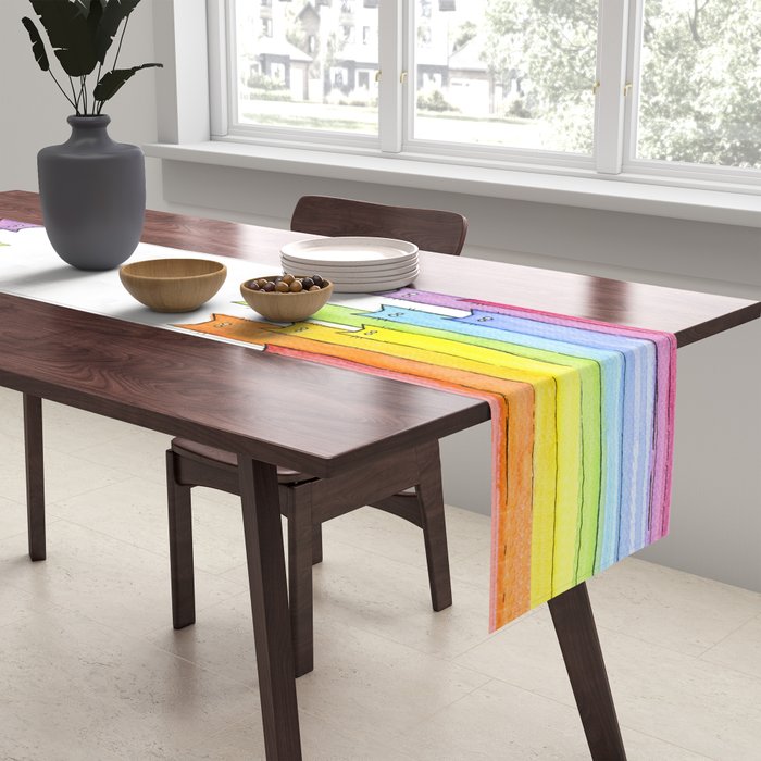 Cat Rainbow Watercolor Pattern Table Runner Gallery Image 2