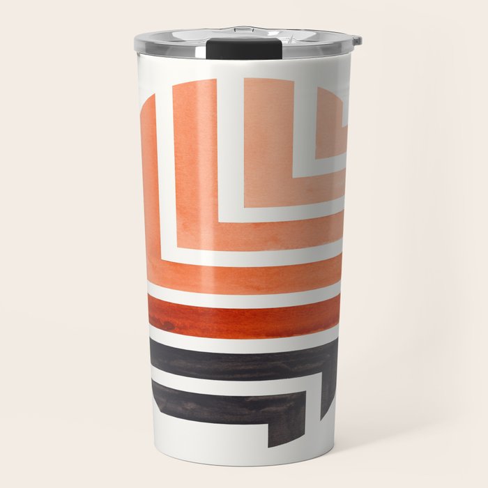 Burnt Sienna Circle Round Framed Mid Century Modern Aztec Geometric Pattern Maze Travel Mug Gallery Image 1