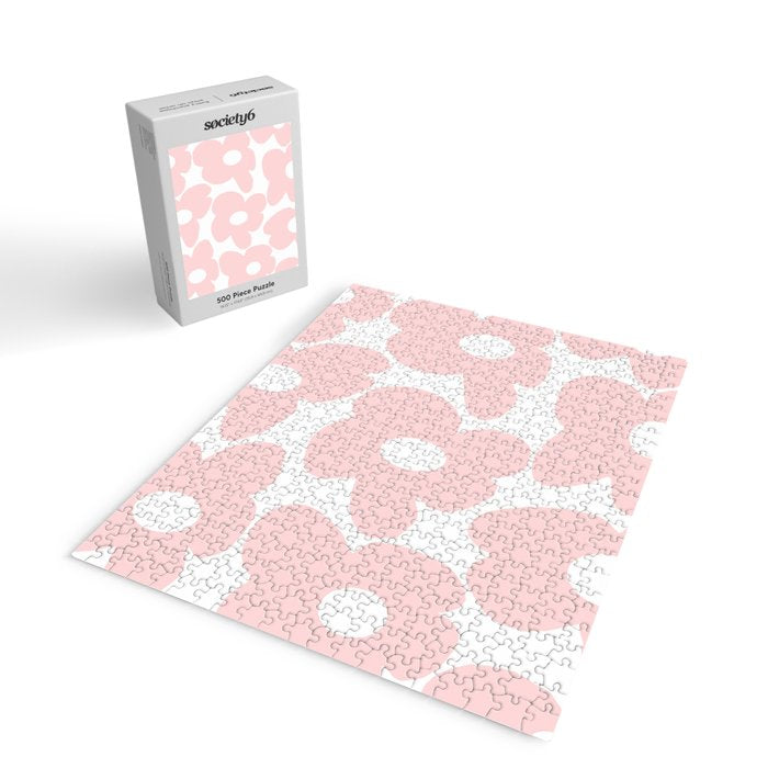 Large Baby Pink Retro Flowers on White Background #decor #society6 #buyart Jigsaw Puzzle Gallery Image 2