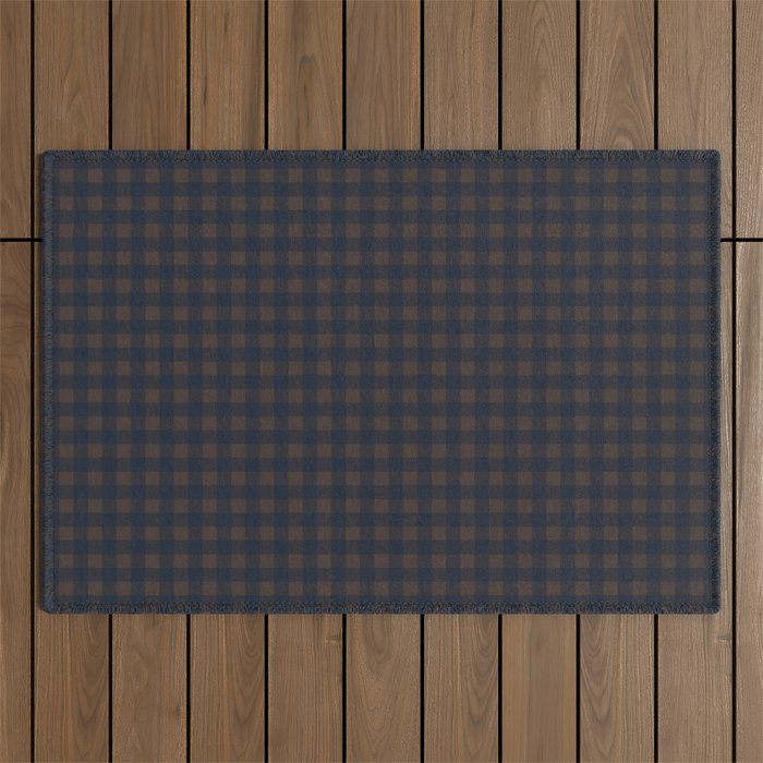 Gingham Check Dark Plaid Pattern in Navy Blue and Brown Outdoor Rug Gallery Image 1