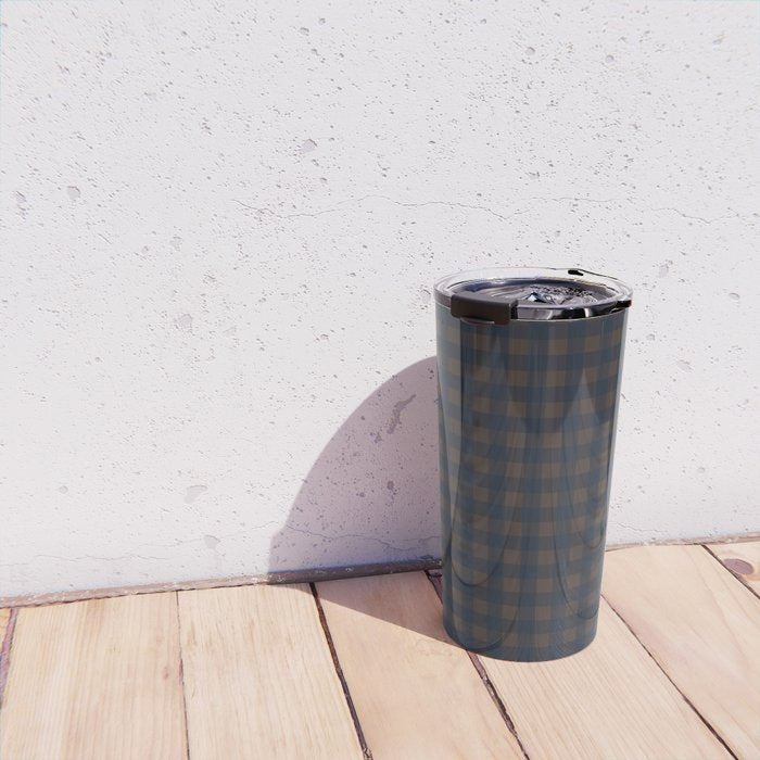 Gingham Check Dark Plaid Pattern in Navy Blue and Brown Travel Mug Gallery Image 4