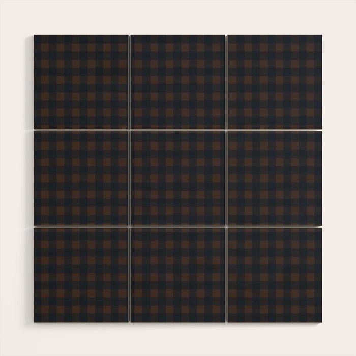 Gingham Check Dark Plaid Pattern in Navy Blue and Brown Wood Wall Art Gallery Image 1