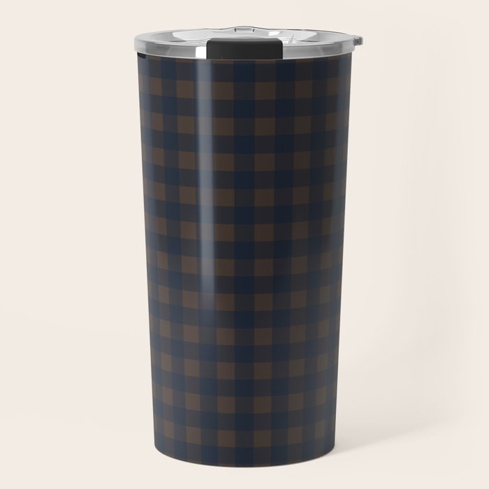 Gingham Check Dark Plaid Pattern in Navy Blue and Brown Travel Mug Gallery Image 1