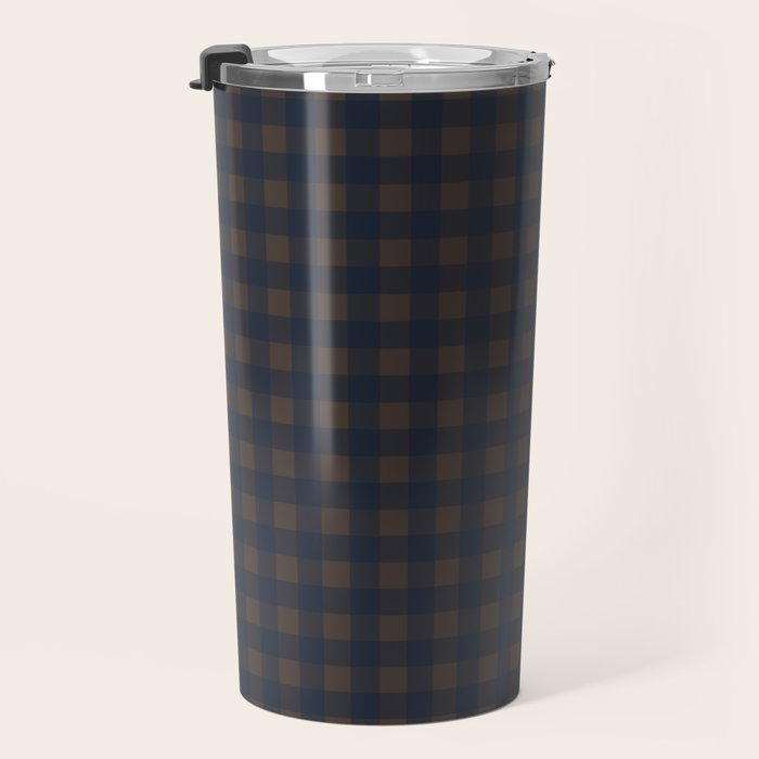 Gingham Check Dark Plaid Pattern in Navy Blue and Brown Travel Mug Gallery Image 3