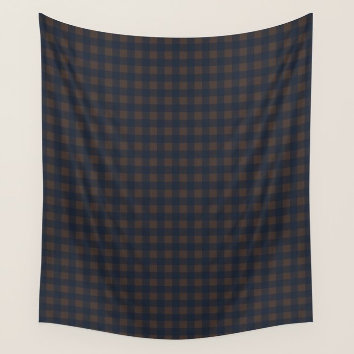 Gingham Check Dark Plaid Pattern in Navy Blue and Brown Wall Tapestry Gallery Image 4