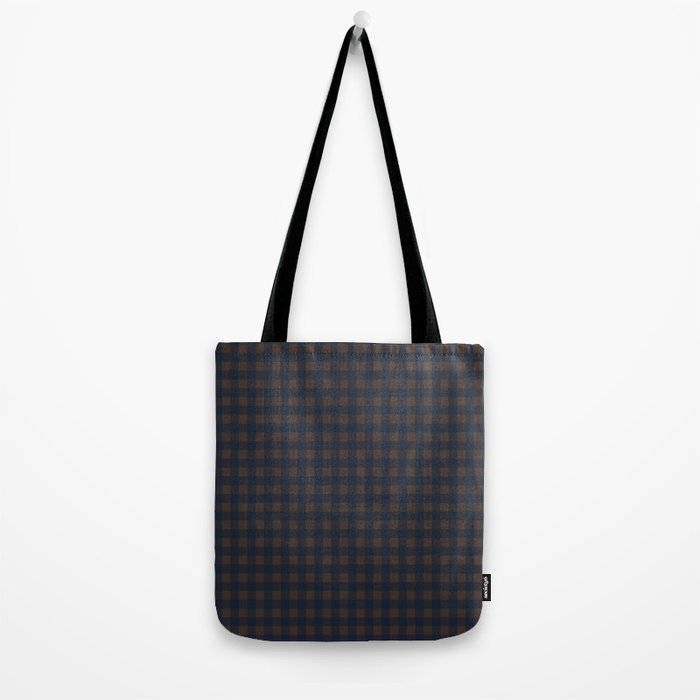 Gingham Check Dark Plaid Pattern in Navy Blue and Brown Tote Bag Gallery Image 2