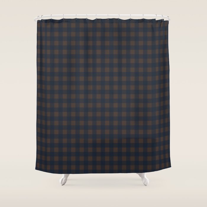 Gingham Check Dark Plaid Pattern in Navy Blue and Brown Shower Curtain Gallery Image 1