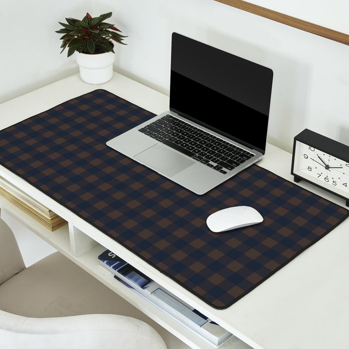 Gingham Check Dark Plaid Pattern in Navy Blue and Brown Desk Mat Gallery Image 2