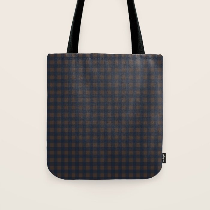 Gingham Check Dark Plaid Pattern in Navy Blue and Brown Tote Bag Gallery Image 1