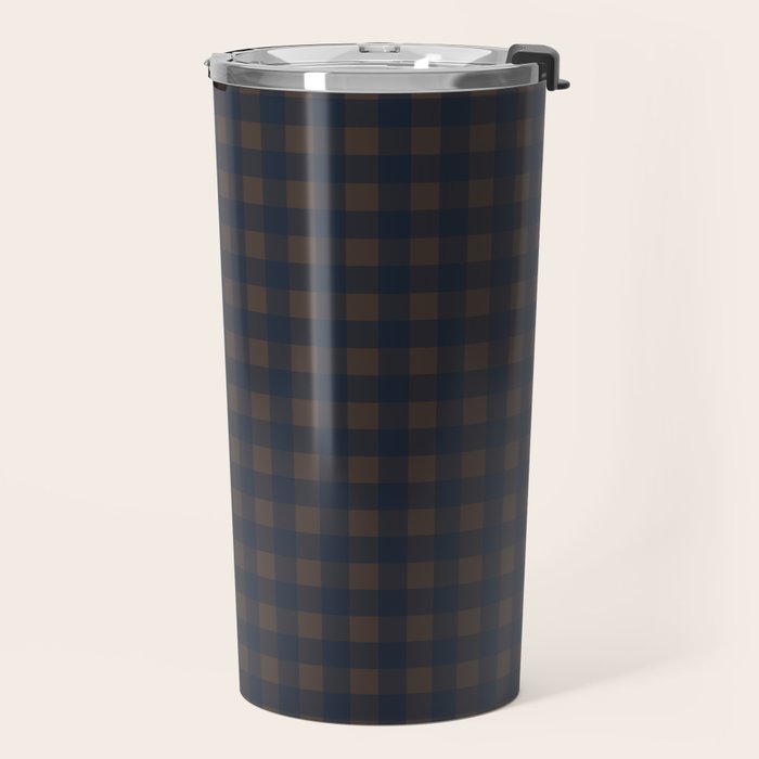 Gingham Check Dark Plaid Pattern in Navy Blue and Brown Travel Mug Gallery Image 2