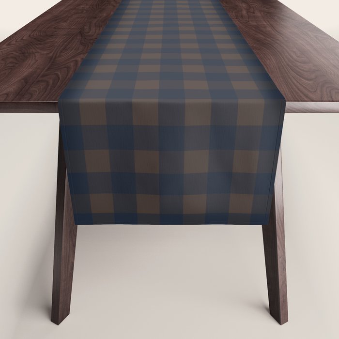 Gingham Check Dark Plaid Pattern in Navy Blue and Brown Table Runner Gallery Image 1