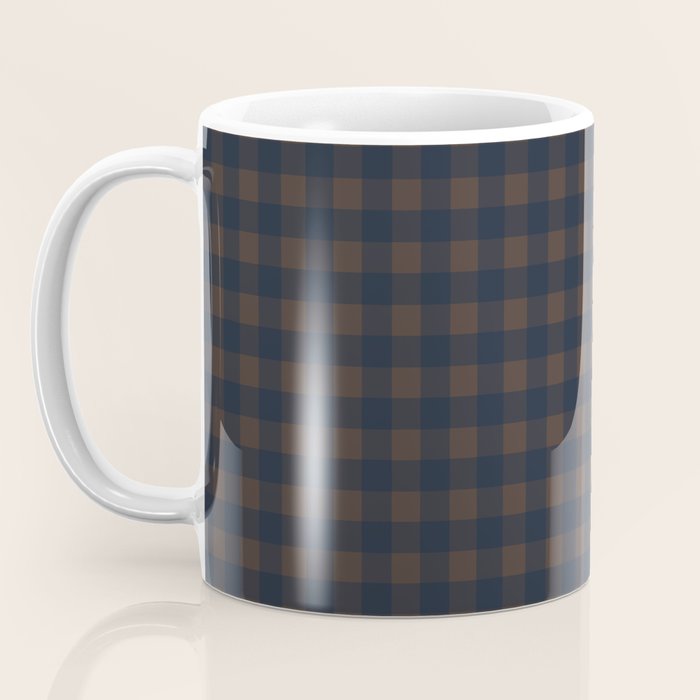 Gingham Check Dark Plaid Pattern in Navy Blue and Brown Coffee Mug Gallery Image 3