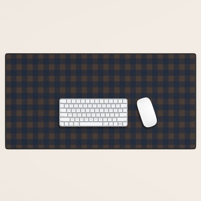 Gingham Check Dark Plaid Pattern in Navy Blue and Brown Desk Mat Gallery Image 1