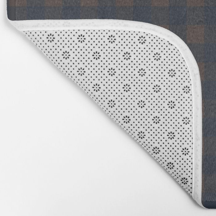 Gingham Check Dark Plaid Pattern in Navy Blue and Brown Bath Mat Gallery Image 2
