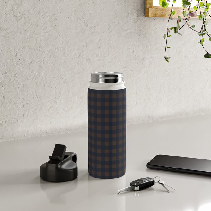 Gingham Check Dark Plaid Pattern in Navy Blue and Brown Water Bottle Gallery Image 4