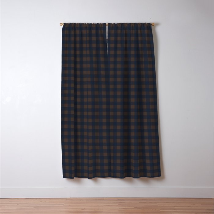 Gingham Check Dark Plaid Pattern in Navy Blue and Brown Window Curtain Gallery Image 3
