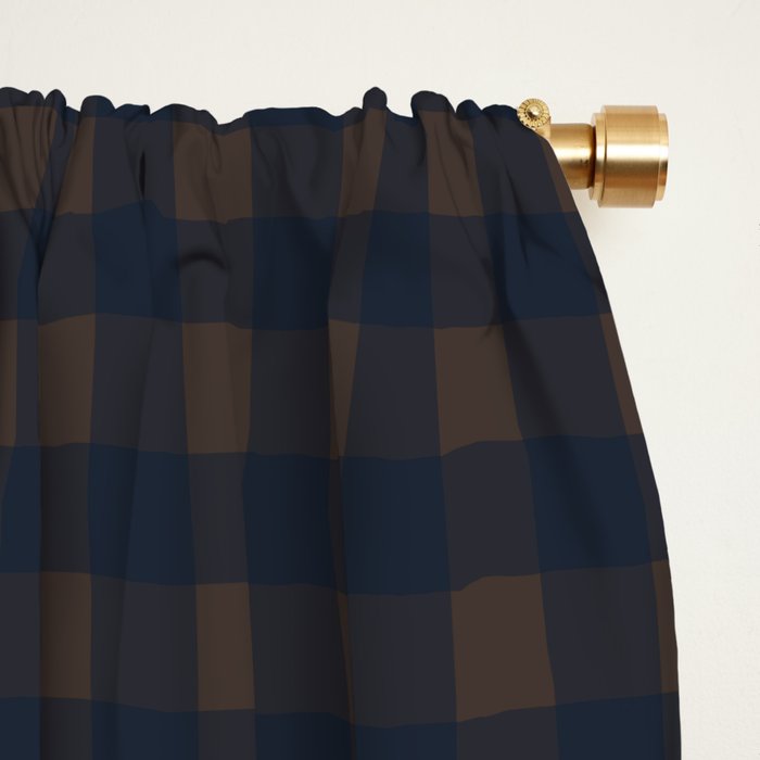 Gingham Check Dark Plaid Pattern in Navy Blue and Brown Window Curtain Gallery Image 2