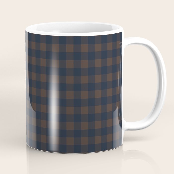 Gingham Check Dark Plaid Pattern in Navy Blue and Brown Coffee Mug Gallery Image 1