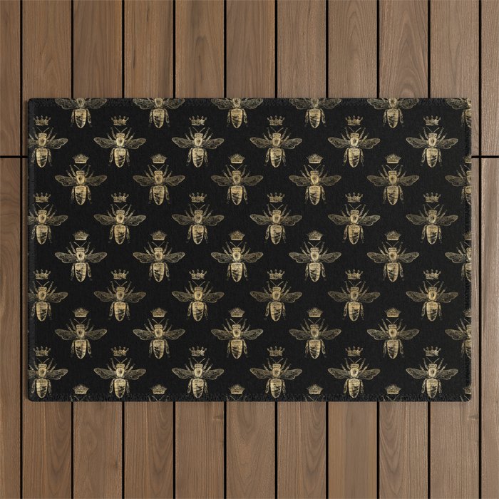 Black & Gold Queen Bee Pattern Outdoor Rug Gallery Image 1