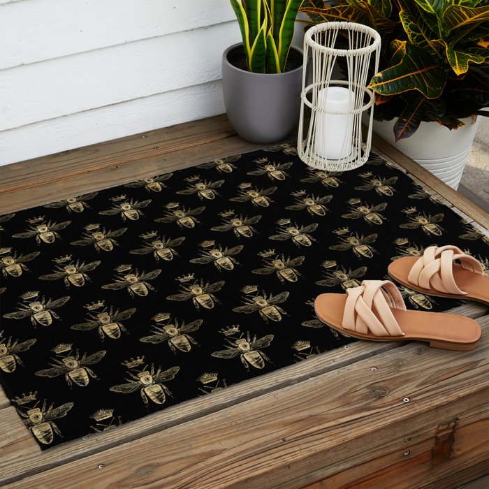 Black & Gold Queen Bee Pattern Outdoor Rug Gallery Image 2
